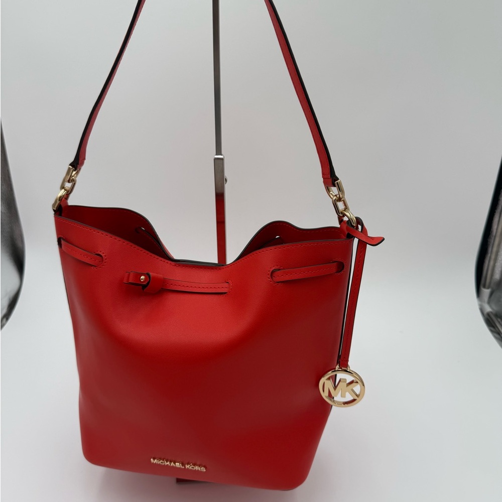 Michael Kors Red Bucket Shoulder Bag with Gold Accents